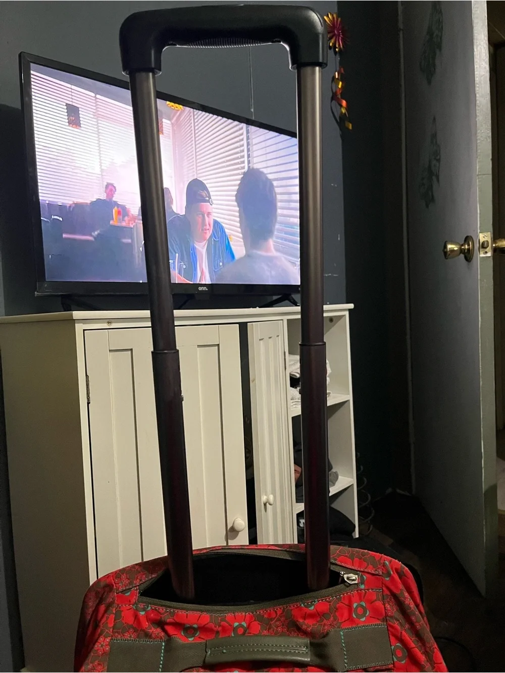 Harajuku Lovers Red Floral Rolling Travel Tote with Teal Accents